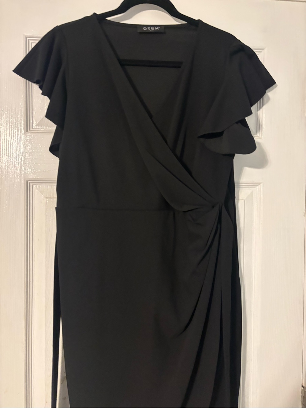 Black Wrap-Style Flutter Sleeve Dress